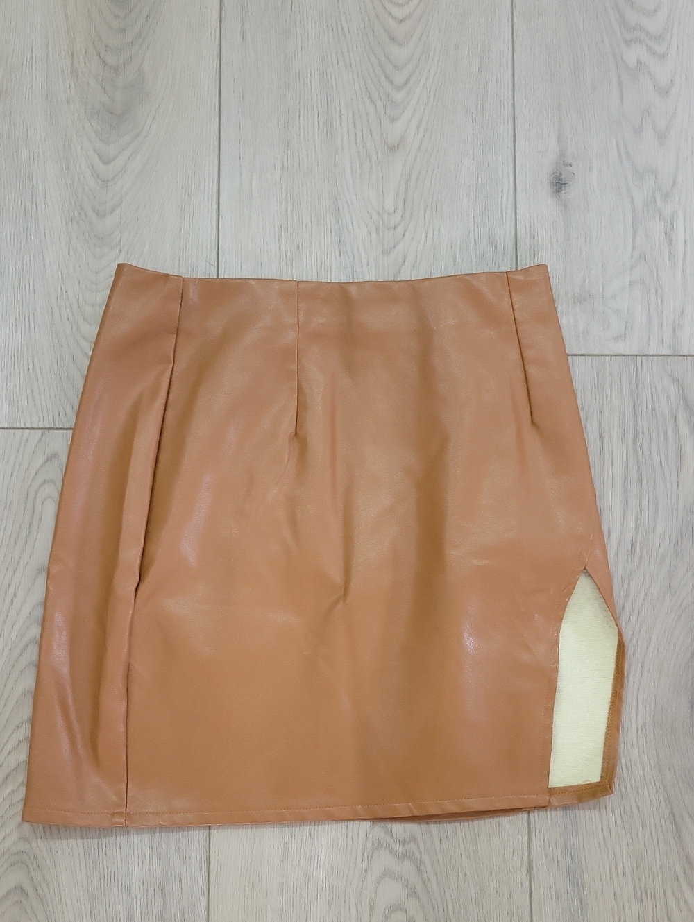 Lulu's Tan Faux Leather Mini Skirt with Side Cutout